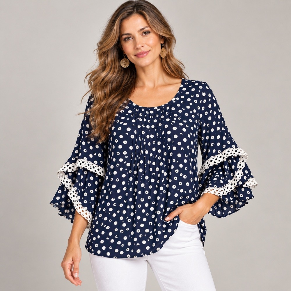 Soft Surroundings Blouse Womens Large Navy Blue Polka Dot Ruffle Sleeve